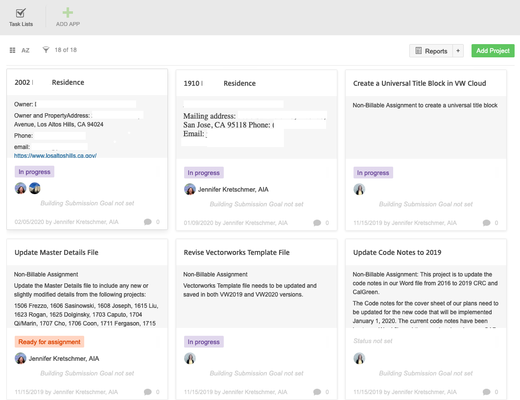 Virtual Practice project job board allows her independent contractors to see information on projects.